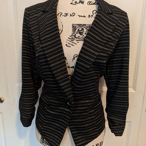 Silver Striped Black Button Blazer, Ruched Sleeves